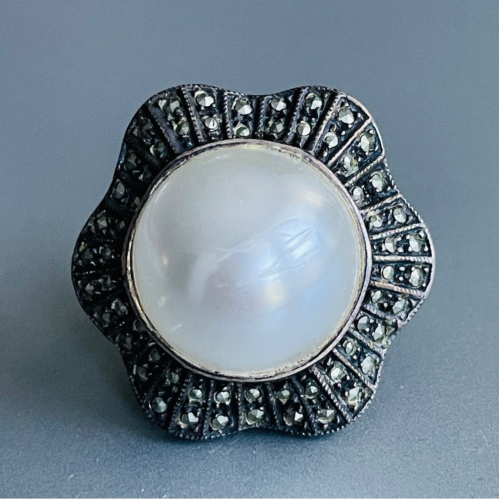 Vintage Judith Jack Sterling Silver Faux Mabe Pearl Marcasites Flower La…